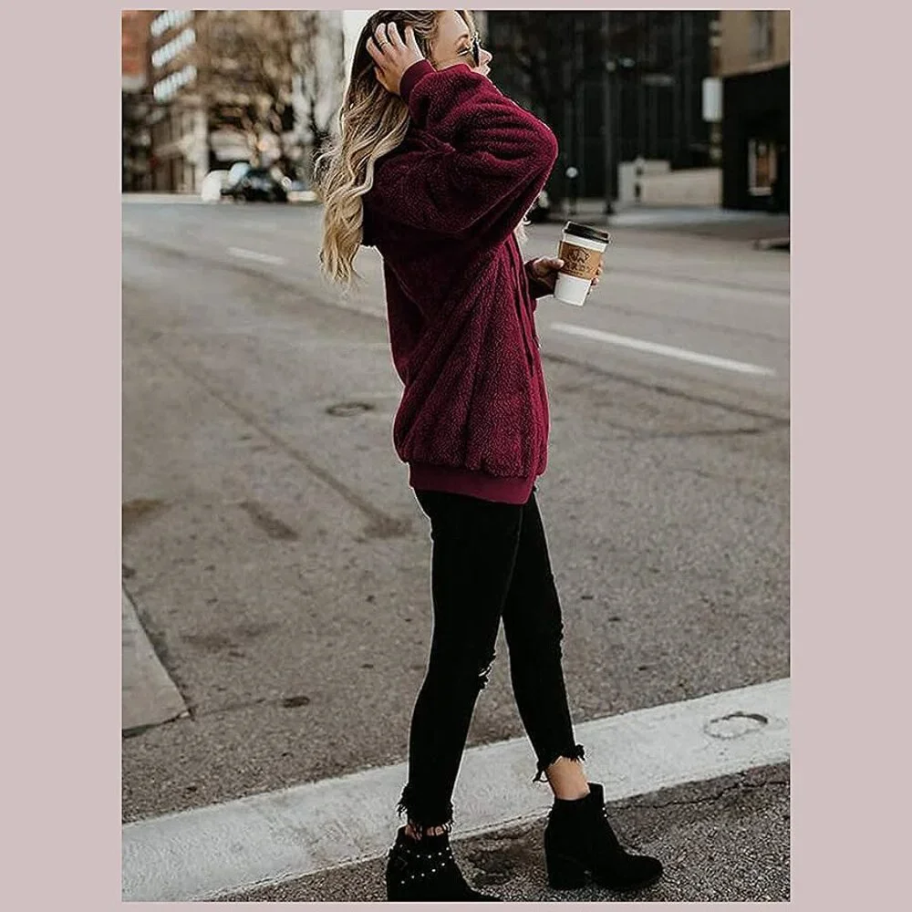 Women's Fuzzy Hoodies Sport Pullover Hoodie Wine Red - Picture 5 of 7